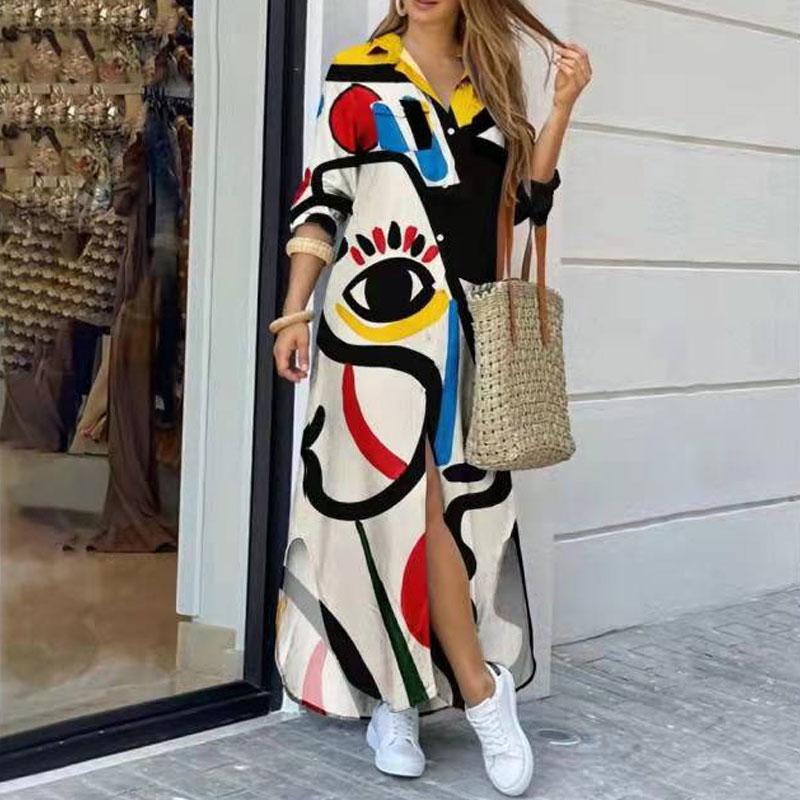 2022 Spring New Long Sleeve Hit Color Line Printed Lapel Loose Dress display picture 2