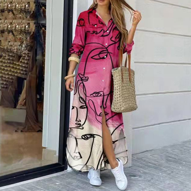 2022 Spring New Long Sleeve Hit Color Line Printed Lapel Loose Dress display picture 4