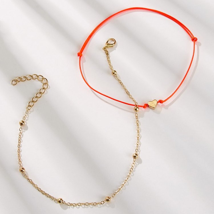 Fashion Woven Diy Heart Metal Chain Red Rope Anklet Set display picture 2