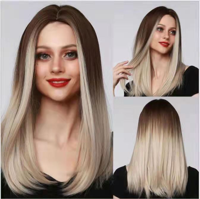 Ladies Wigs Lace In The Gradient Color Long Straight Hair Wigs Chemical Fiber Headgear display picture 1