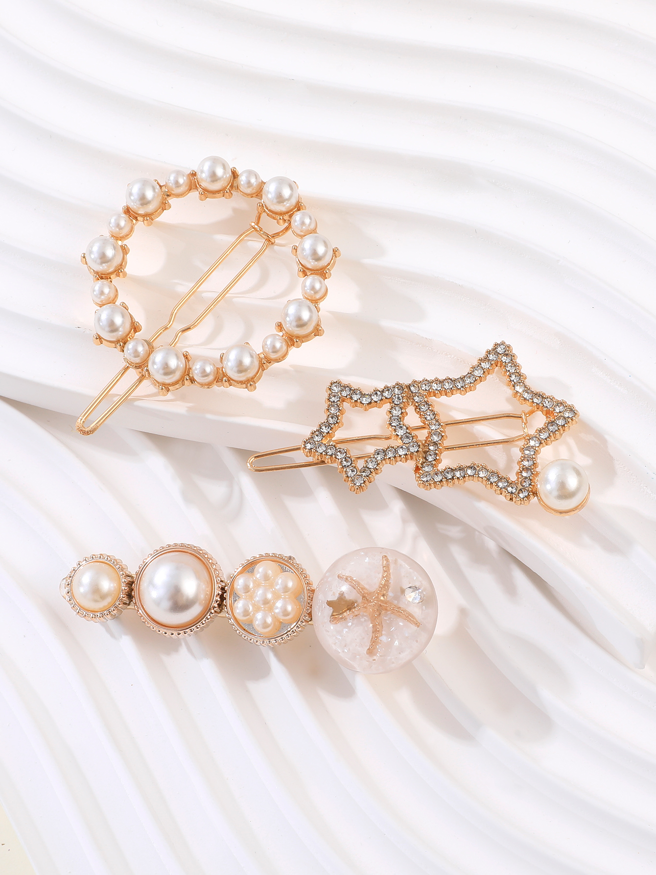 3-teiliges Mode-damen-gold-klassik-perlen-strass-stern-haarspangen-set display picture 1