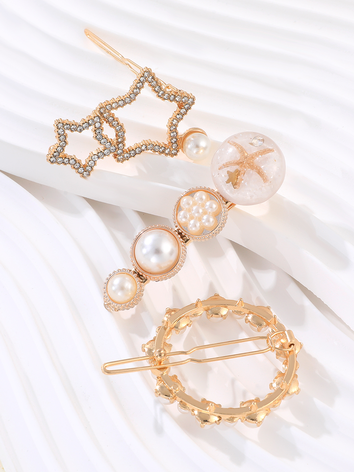3-teiliges Mode-damen-gold-klassik-perlen-strass-stern-haarspangen-set display picture 2