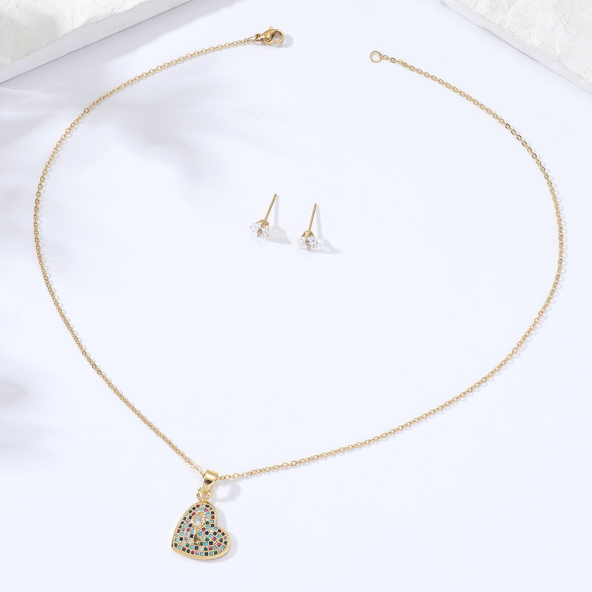 Stainless Steel Colored Zircon Electroplating 18k Gold Key Heart Necklace Earrings Set display picture 3