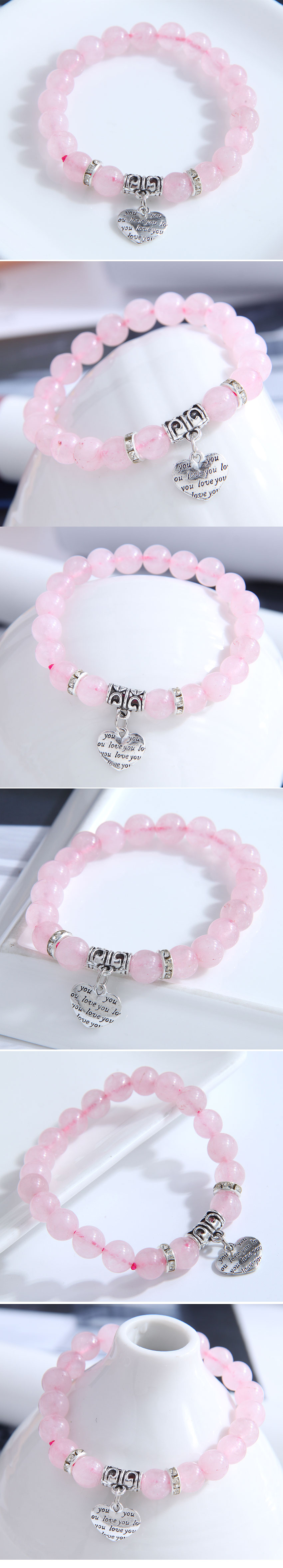 Fashion Metal Lettering Heart Pendant Pink Crystal Stone Bracelet display picture 1