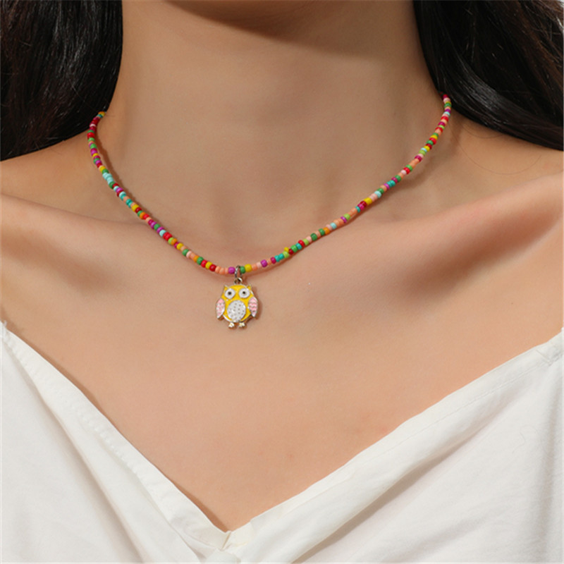 Colorful Rainbow Acrylic Beaded Owl Pendant Necklace Women display picture 1