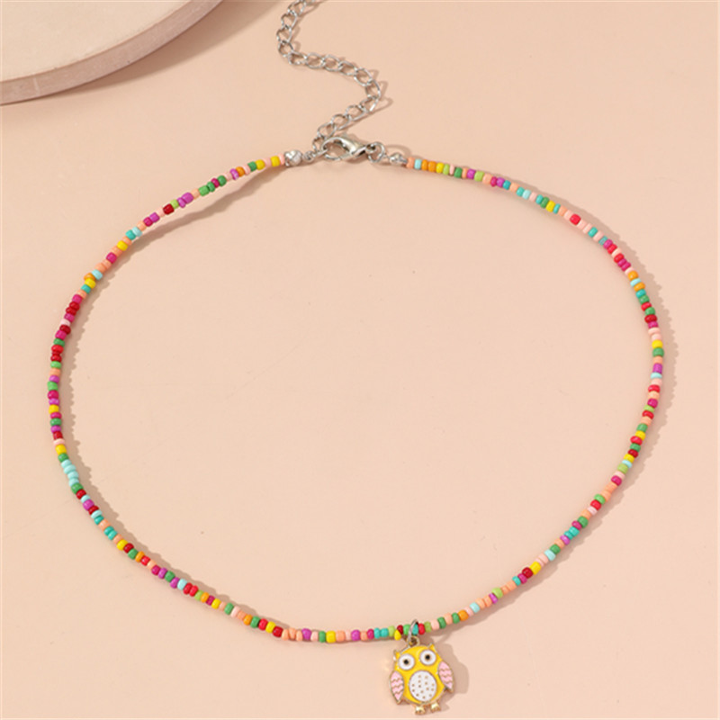 Colorful Rainbow Acrylic Beaded Owl Pendant Necklace Women display picture 2