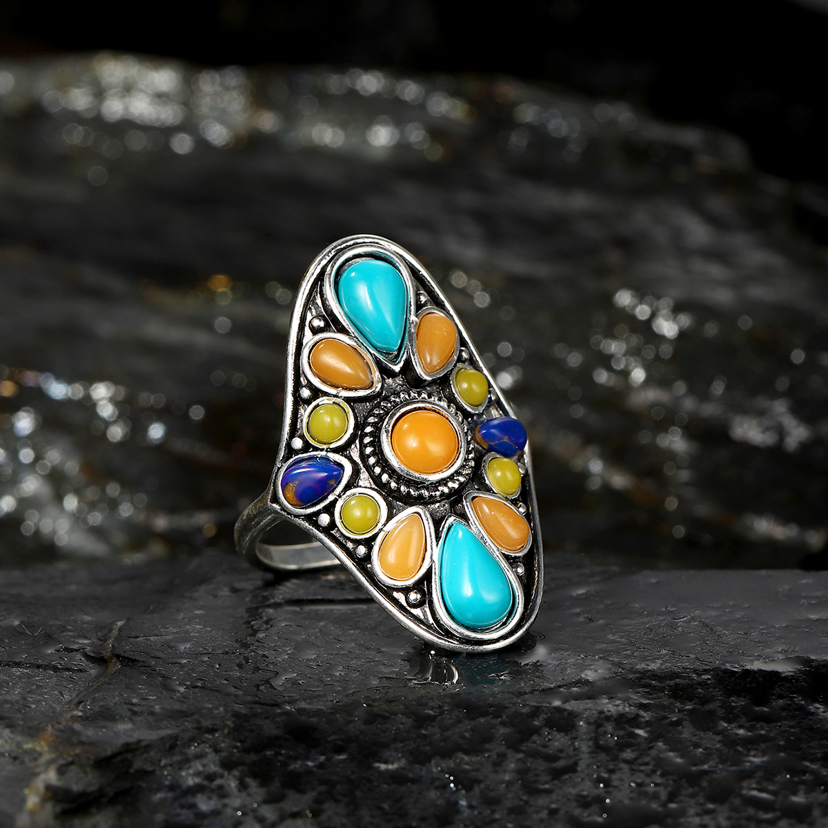 Fashion Retro Turquoise Mixed Color Gemstone Exaggerated Ring display picture 1