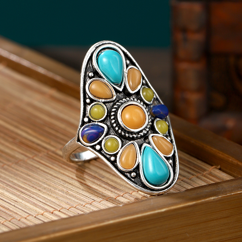 Fashion Retro Turquoise Mixed Color Gemstone Exaggerated Ring display picture 3