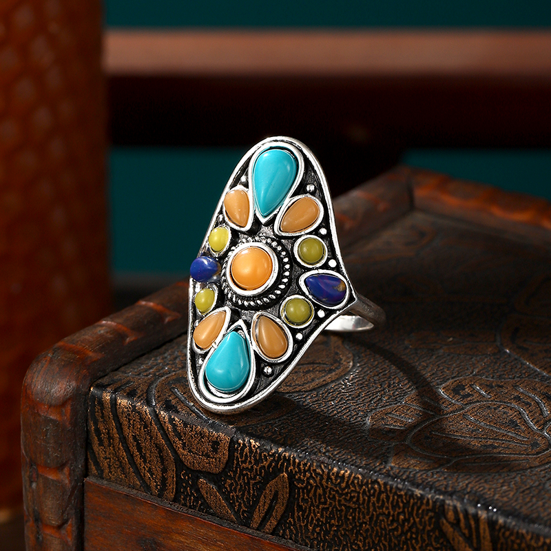 Fashion Retro Turquoise Mixed Color Gemstone Exaggerated Ring display picture 7