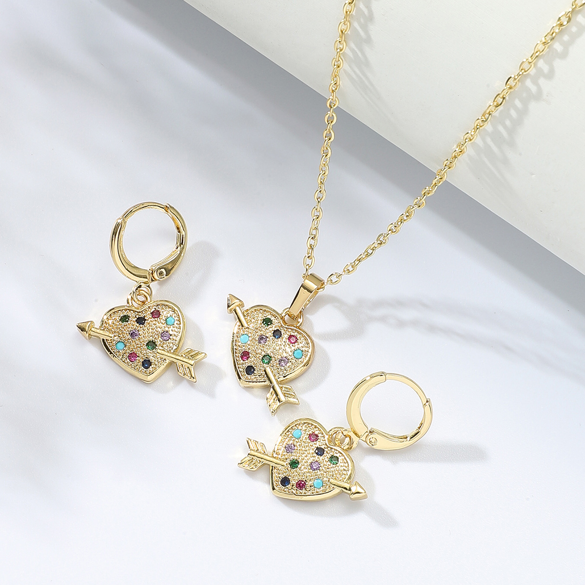 Fashion Stainless Steel Inlaid Colorful Zircon Electroplating 18k Gold Heart Necklace Earrings Set display picture 1