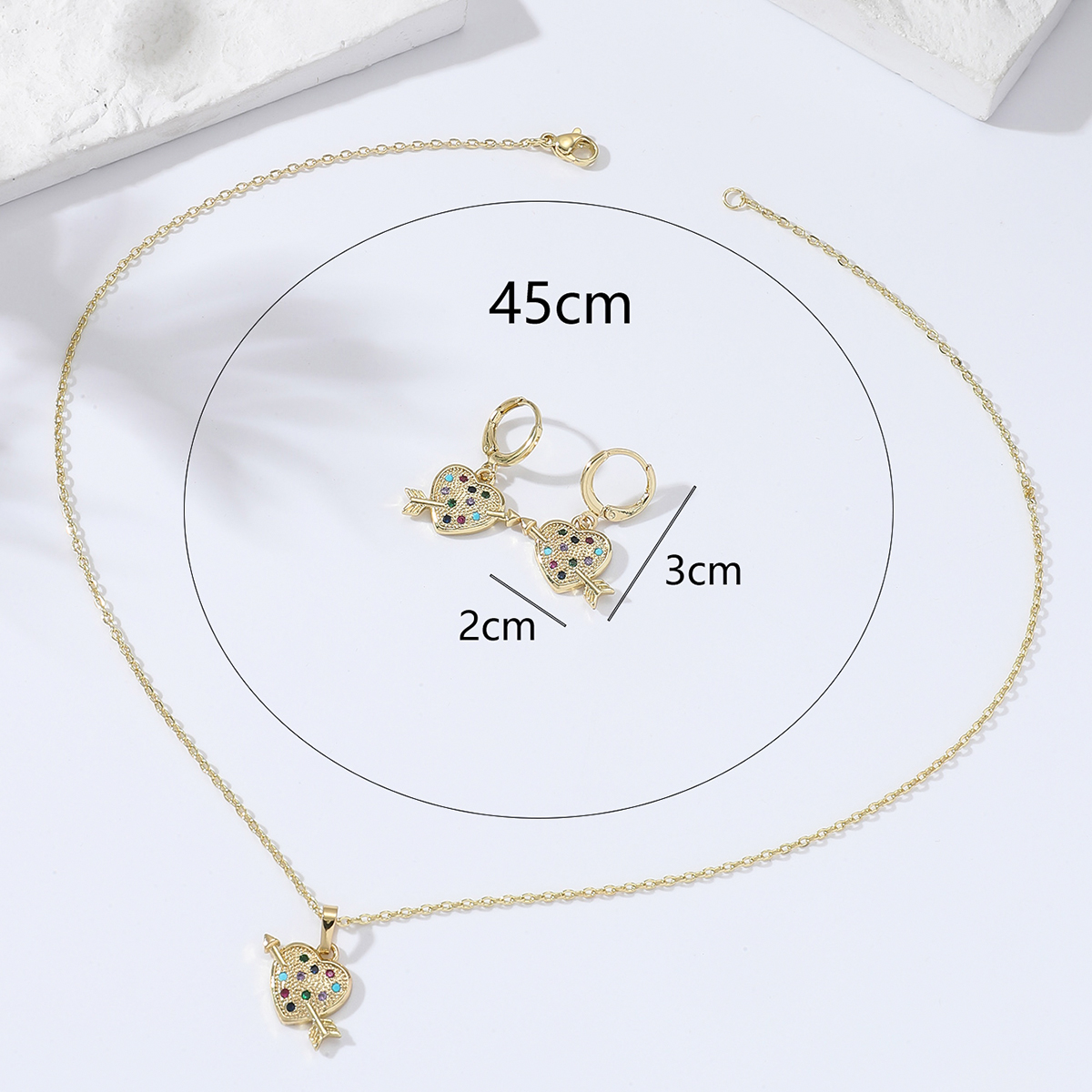 Fashion Stainless Steel Inlaid Colorful Zircon Electroplating 18k Gold Heart Necklace Earrings Set display picture 4