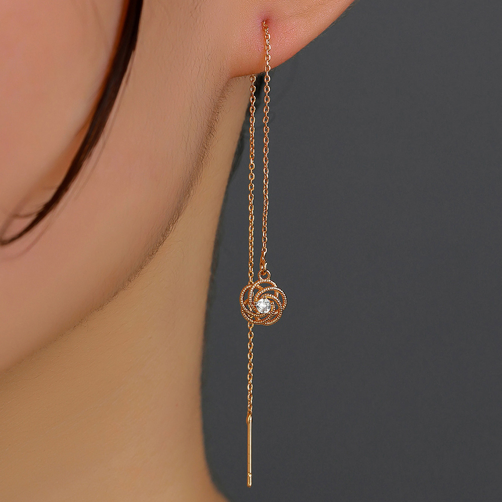 A Pair Of New Rose Flower Copper Zircon Tassel Pierced Earrings display picture 2