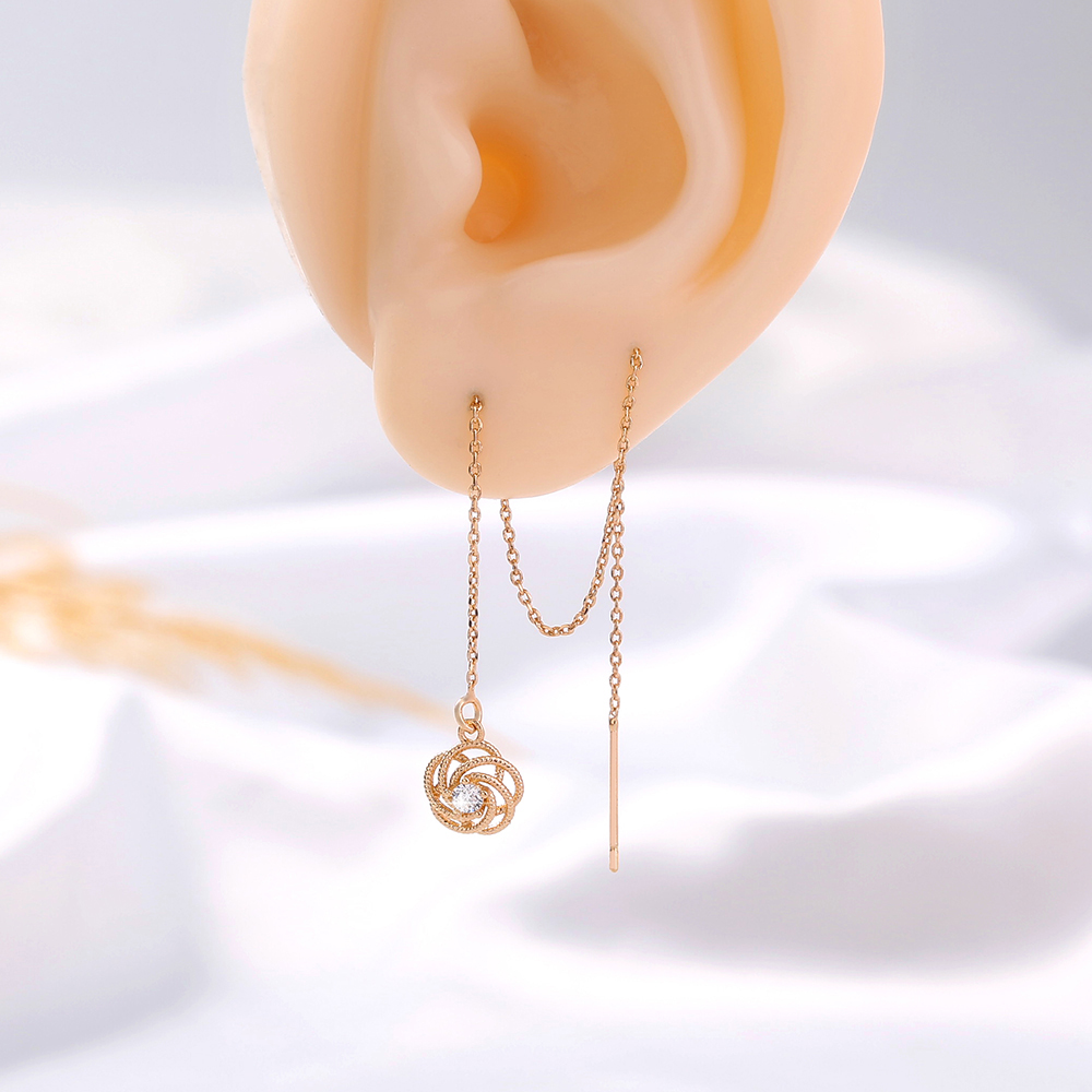 A Pair Of New Rose Flower Copper Zircon Tassel Pierced Earrings display picture 3