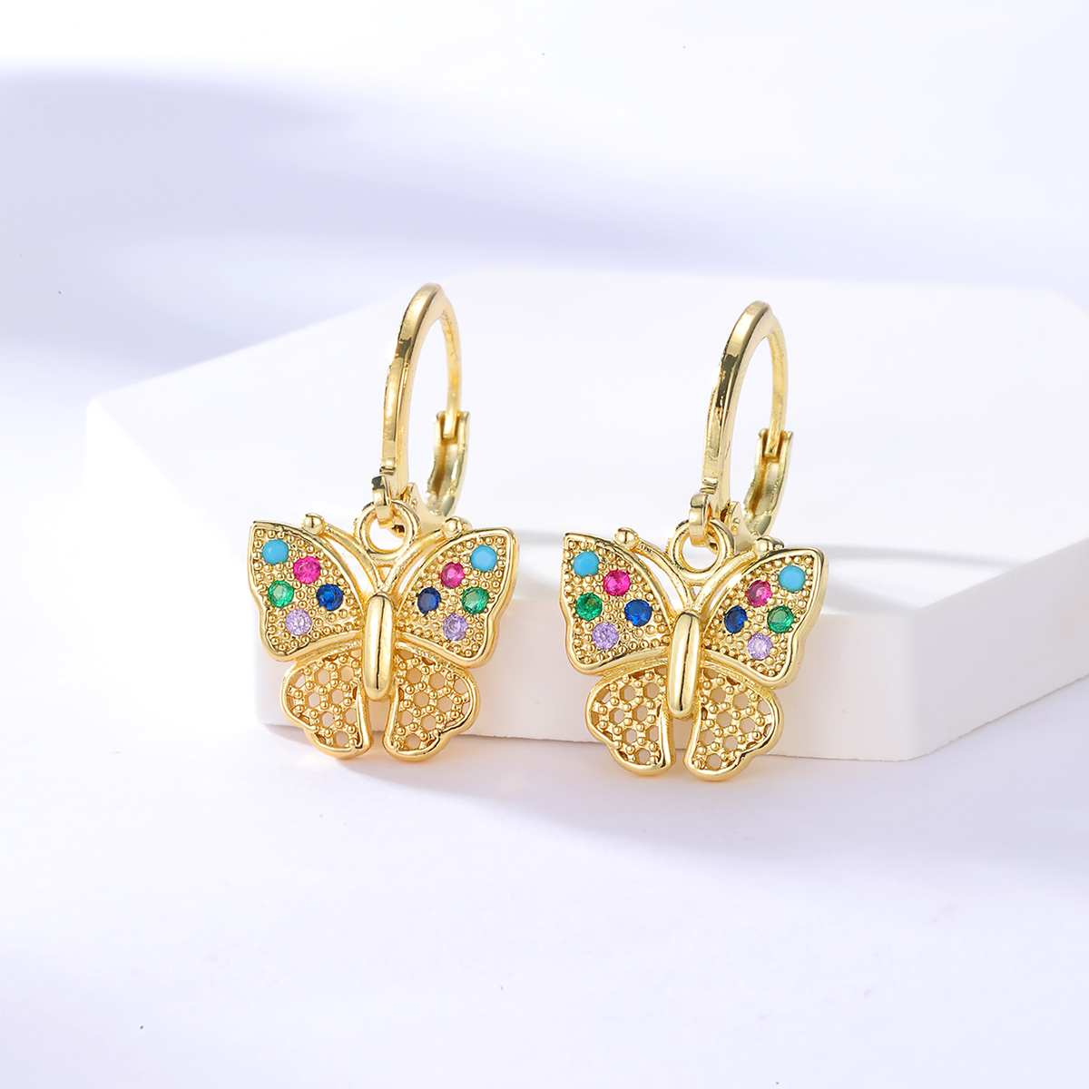 Fashion Copper 18k Gold Plated Colorful Zircon Butterfly Buckle Earrings display picture 1