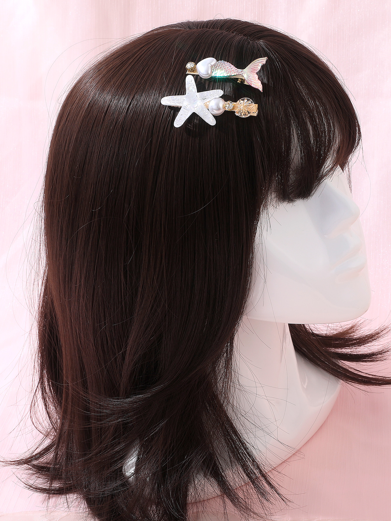 New Pink Gradient Mermaid Tail White Star Pearl Hair Clip 2 Piece Set display picture 3