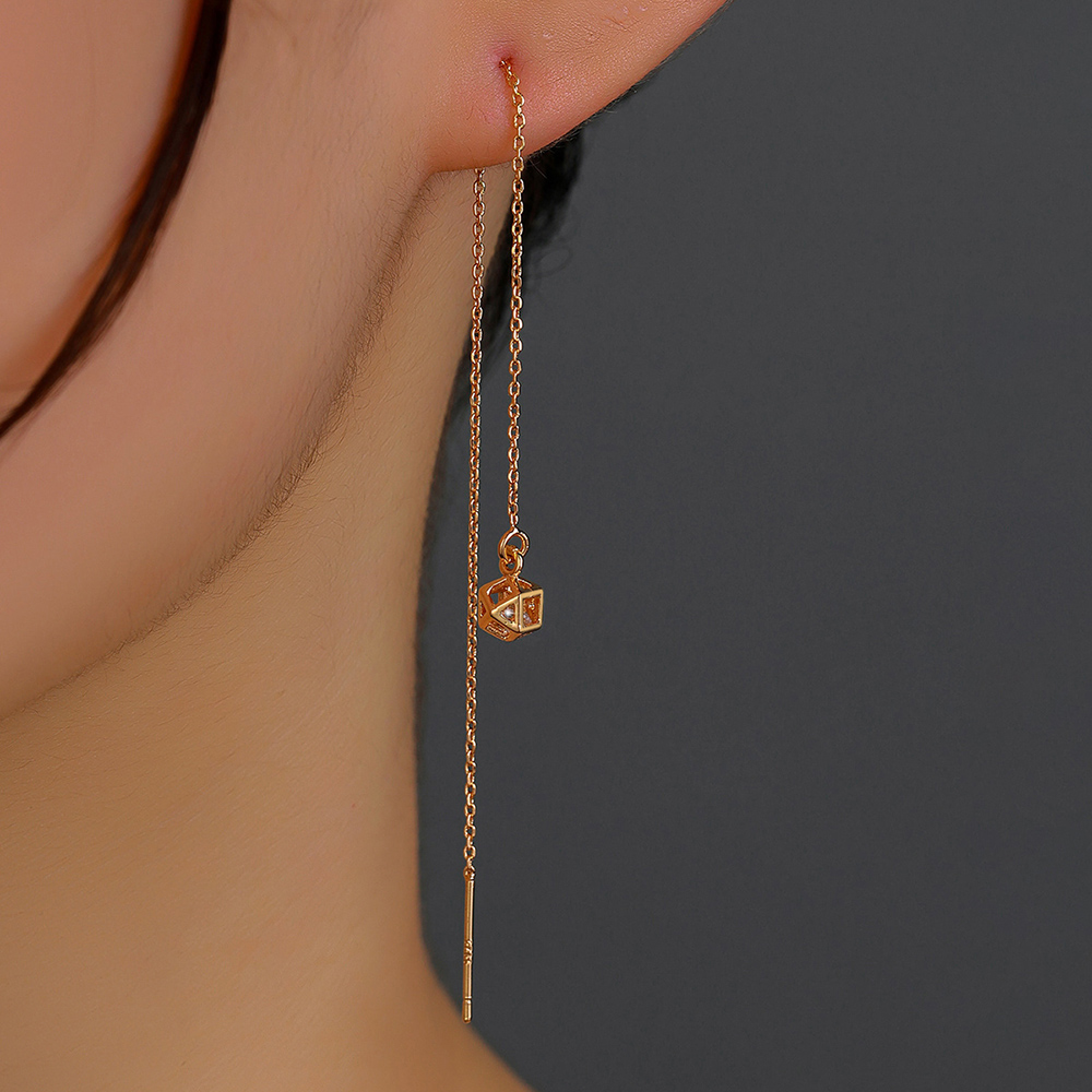 A Pair Of New Hollow Cage Copper Zircon Pendant Tassel Pierced Ear Line Earrings display picture 1