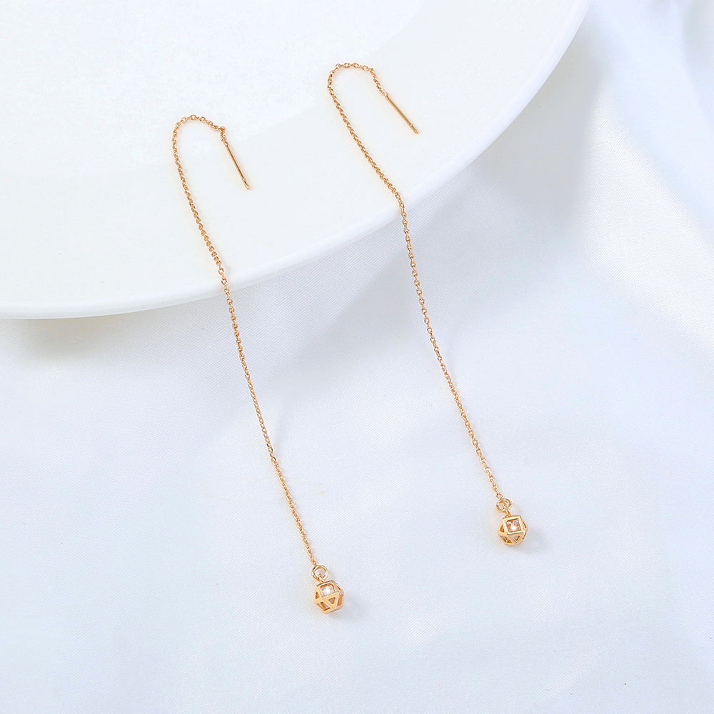 A Pair Of New Hollow Cage Copper Zircon Pendant Tassel Pierced Ear Line Earrings display picture 7