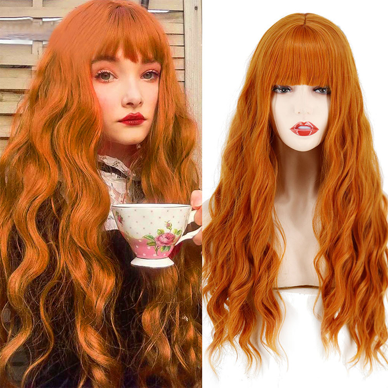 Straight Bangs Long Water Ripple Head Cover High Temperature Wigs 26inches display picture 1