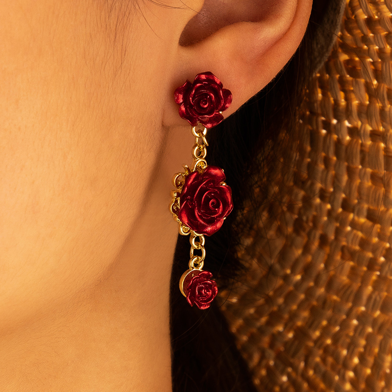 Retro Mode Rote Sprüh Farbe Rose Geometrische Drei Dimensionale Blumen Ohrringe display picture 21