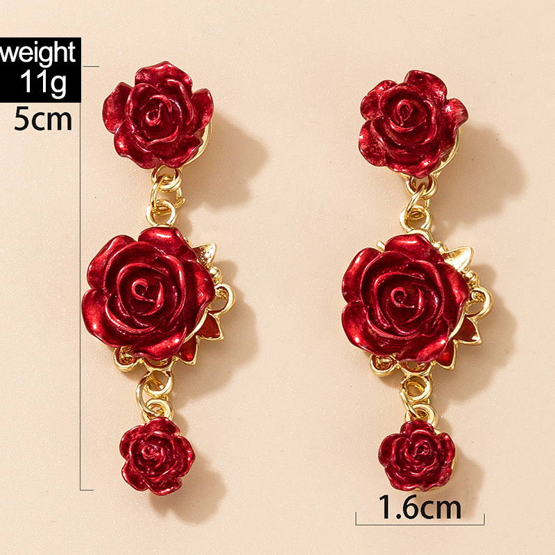 Retro Mode Rote Sprüh Farbe Rose Geometrische Drei Dimensionale Blumen Ohrringe display picture 22