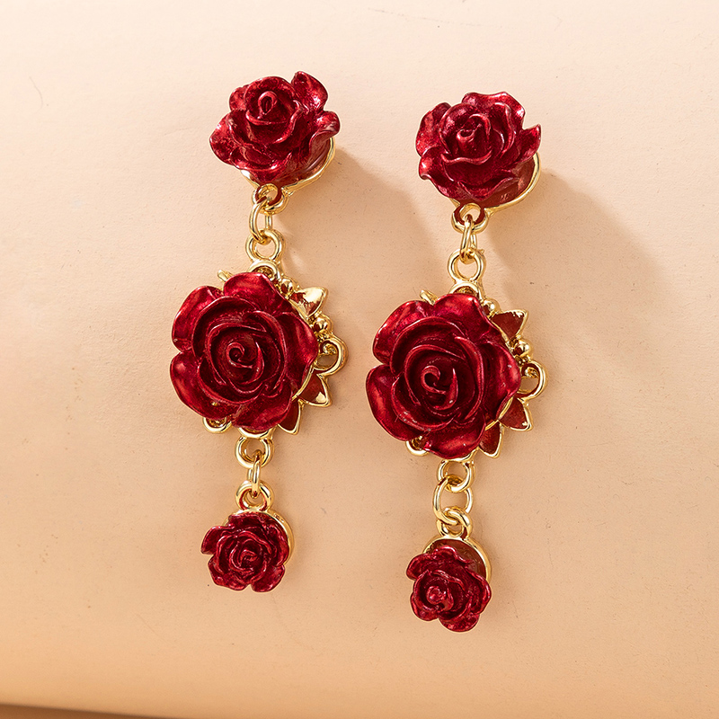 Retro Fashion Red Spray Paint Rose Geometric Three-dimensional Flower Earrings display picture 24