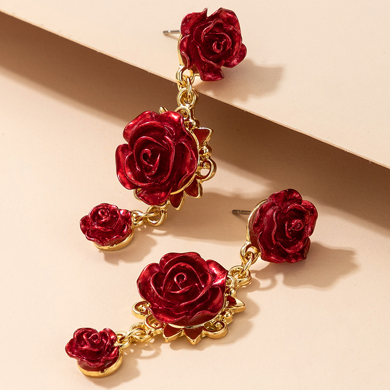 Retro Mode Rote Sprüh Farbe Rose Geometrische Drei Dimensionale Blumen Ohrringe display picture 25