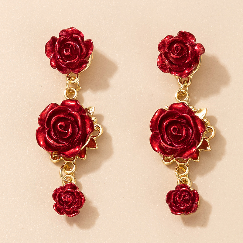 Retro Fashion Red Spray Paint Rose Geometric Three-dimensional Flower Earrings display picture 26