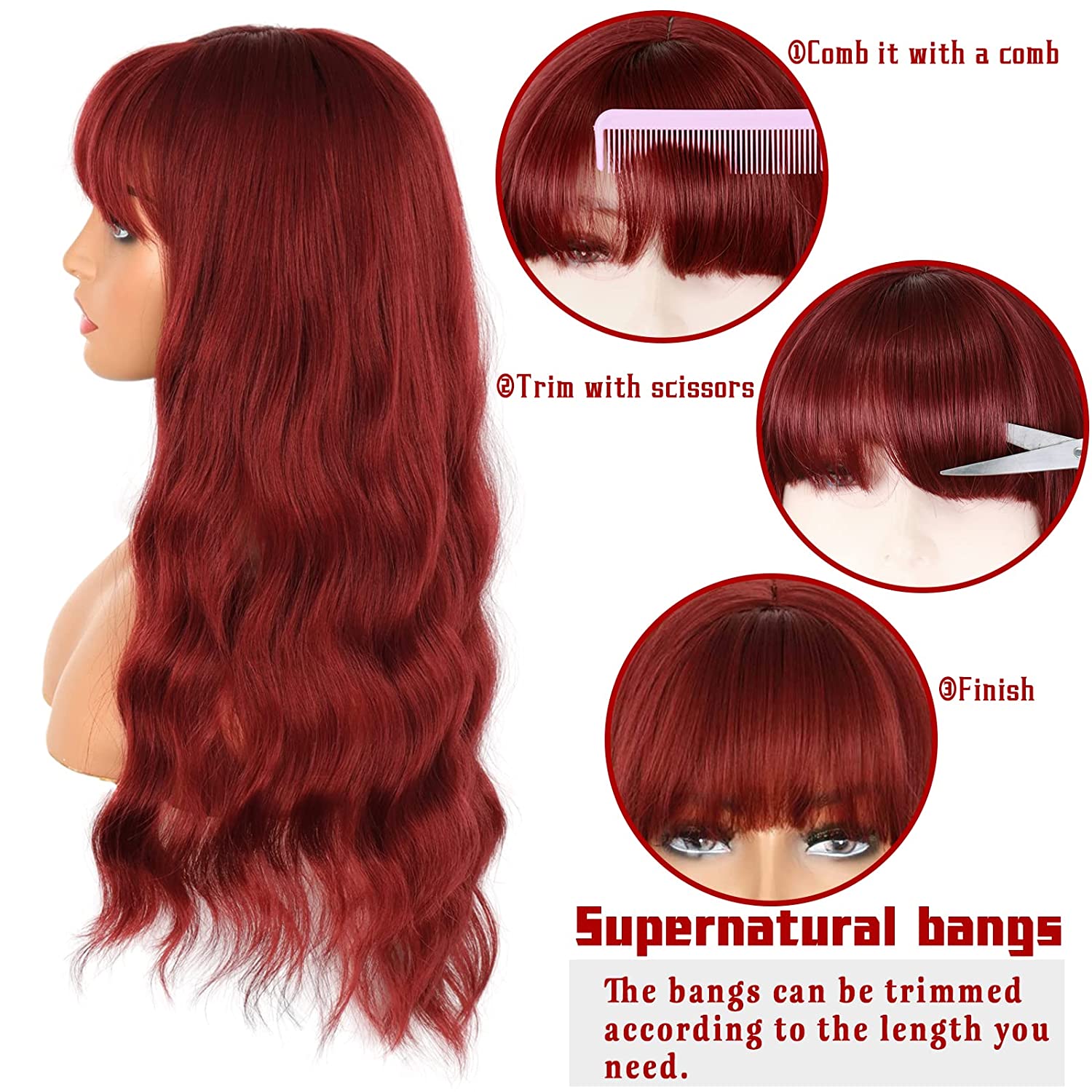 Women's Long Water Ripple Wine Red Headgear High Temperature Wigs 26inches display picture 3