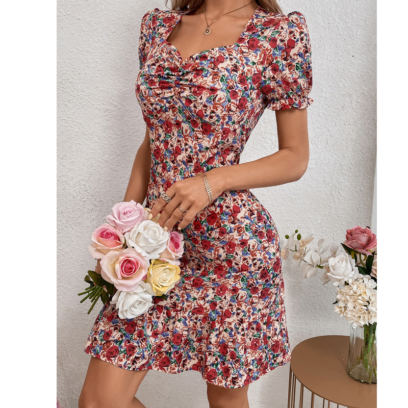 Floral Printed Women's Square Neck Short Sleeve Dress display picture 4