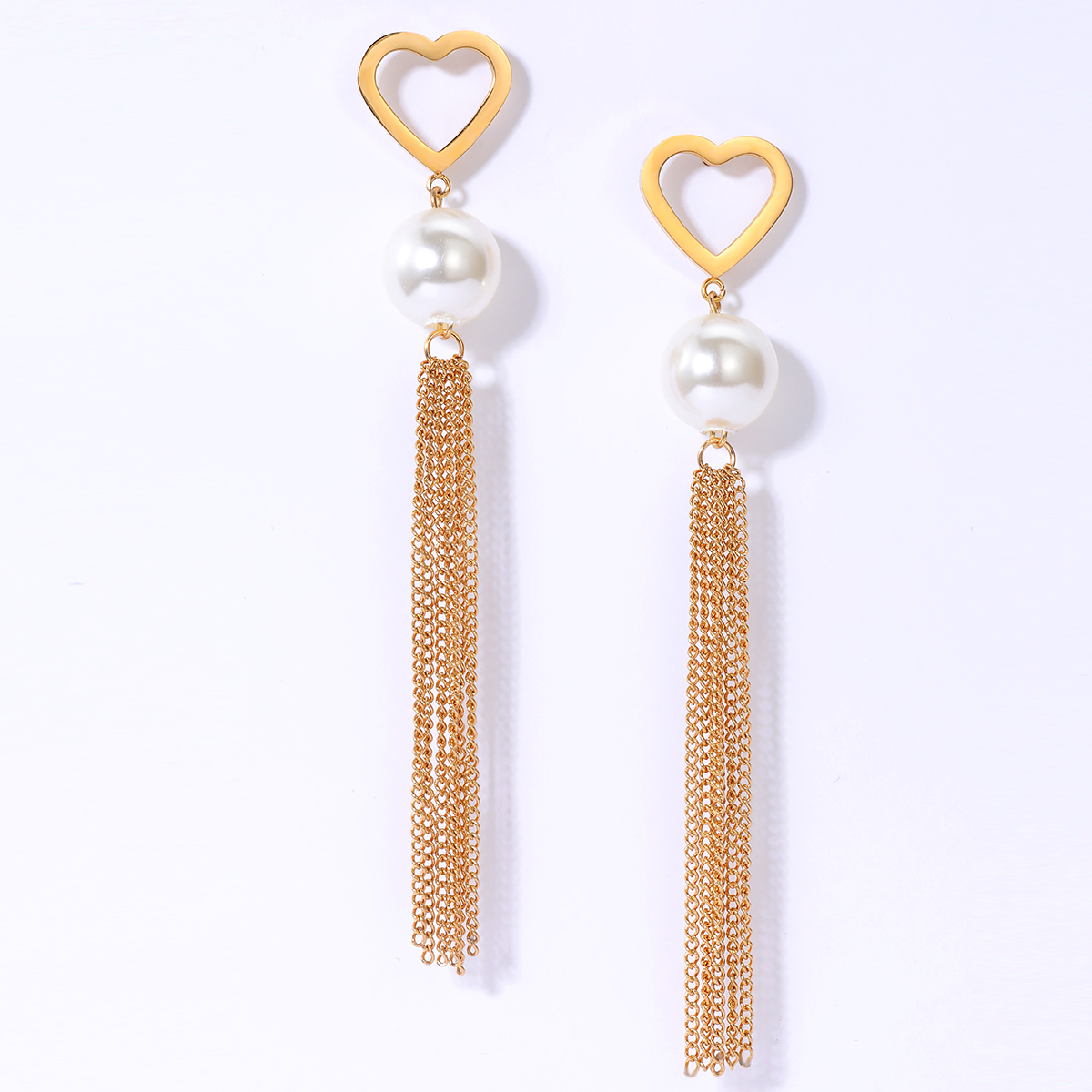 Fashion Stainless Steel Electroplating 18k Gold Heart Pearl Tassel Long Earrings display picture 3
