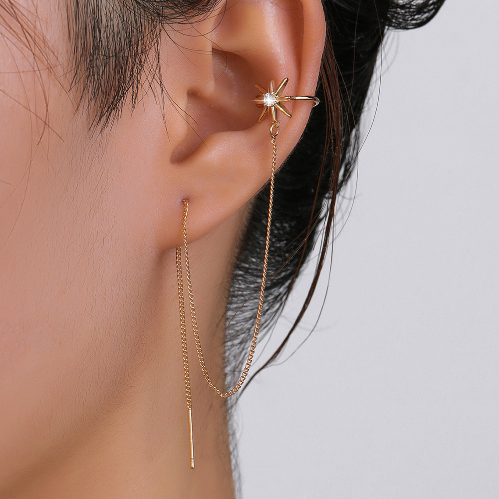 A Pair Of New Fashion Copper Zircon Eight-pointed Star Earrings With Tassel Pierced Earrings display picture 3
