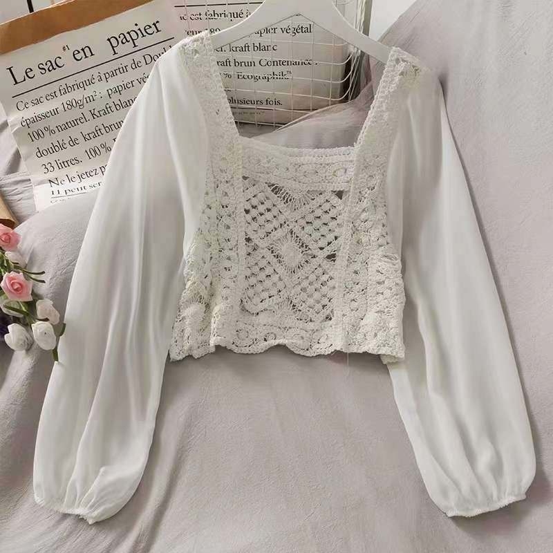 Hollow Crochet Perspective Square Neck Chiffon Long Sleeve Top display picture 2