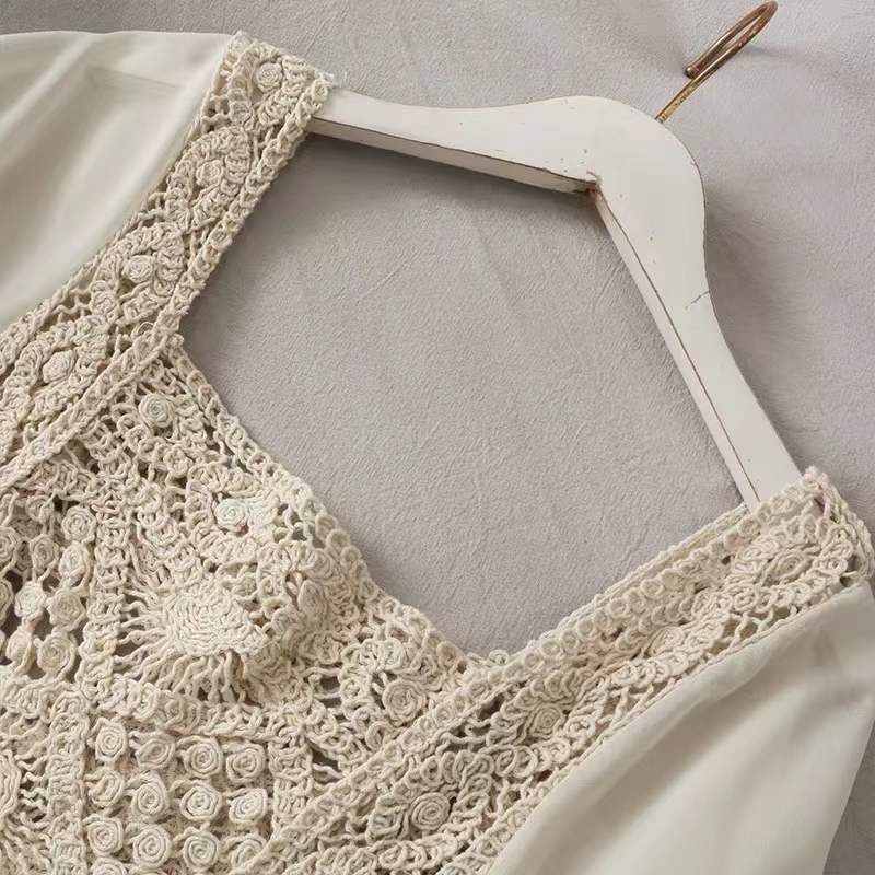 Hollow Crochet Perspective Square Neck Chiffon Long Sleeve Top display picture 3