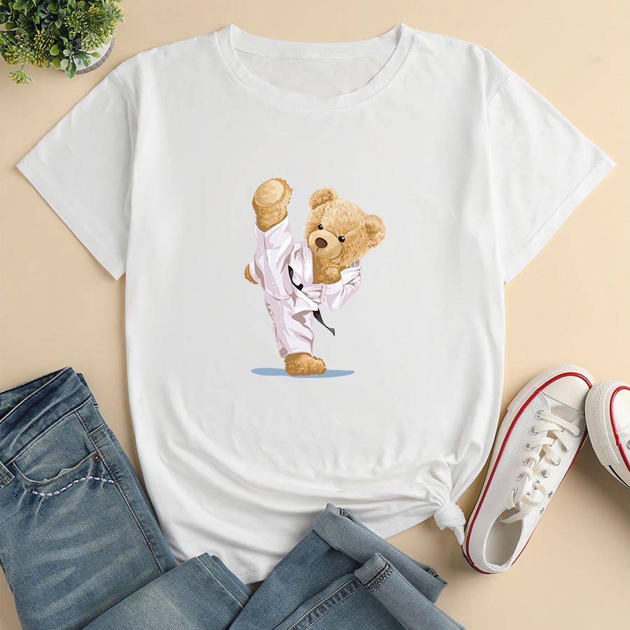 Short-sleeved Judo Bear Print Loose Casual T-shirt display picture 4