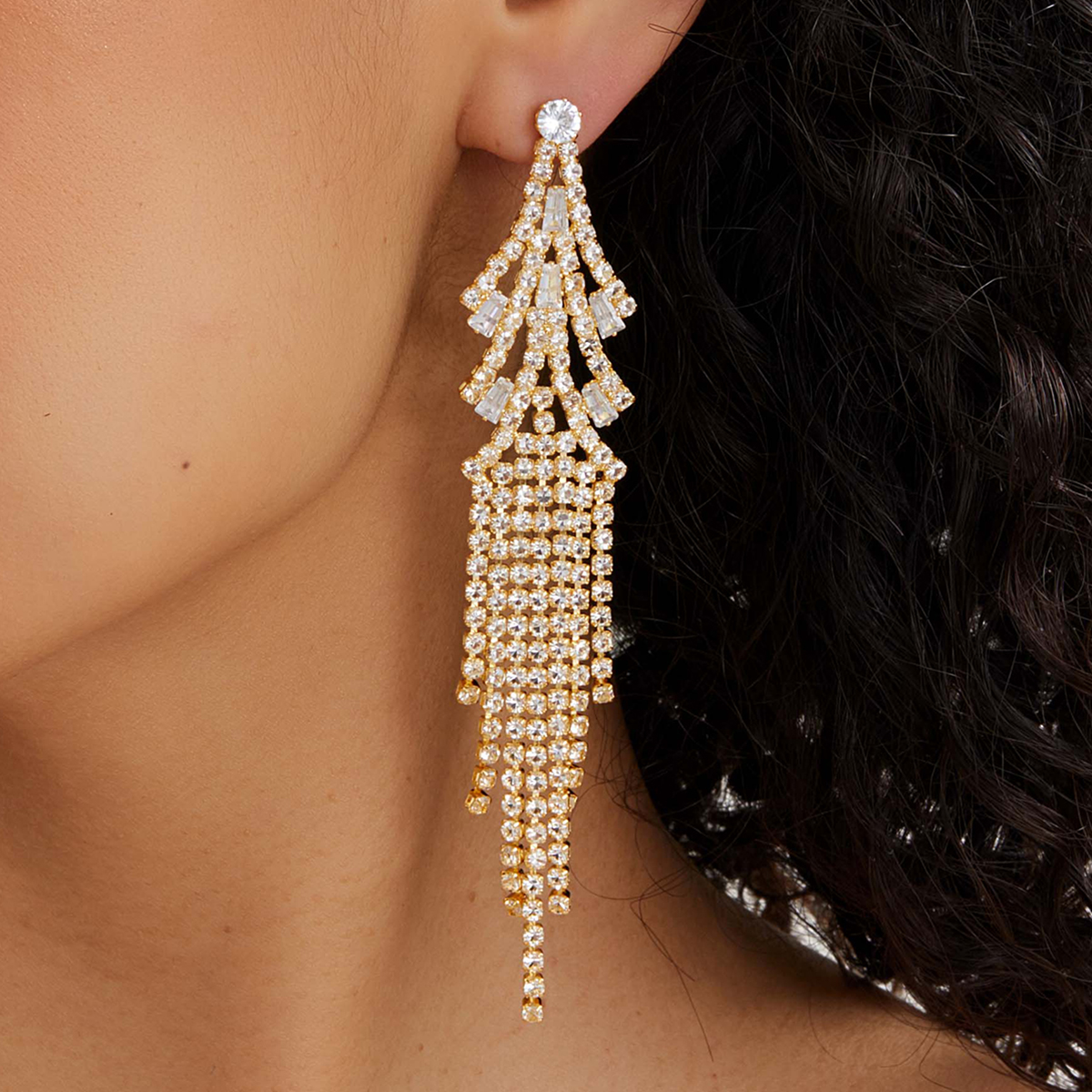 New Copper Electroplating 18k Gold Inlaid Rhinestones Tassel Long Tree Earrings display picture 1