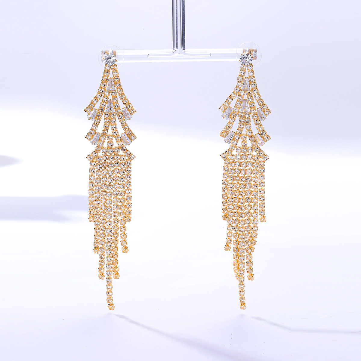 New Copper Electroplating 18k Gold Inlaid Rhinestones Tassel Long Tree Earrings display picture 2