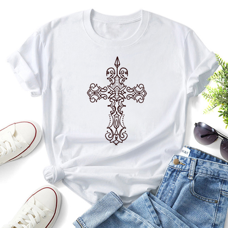 Cross Flower Pattern Printing Short-sleeved Slim Round Neck T-shirt display picture 1