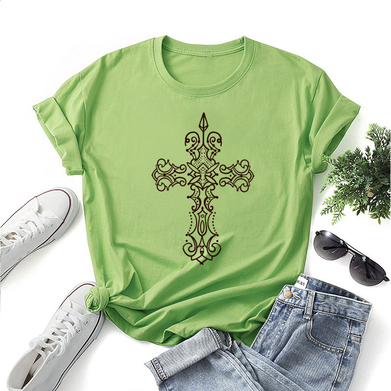 Cross Flower Pattern Printing Short-sleeved Slim Round Neck T-shirt display picture 4