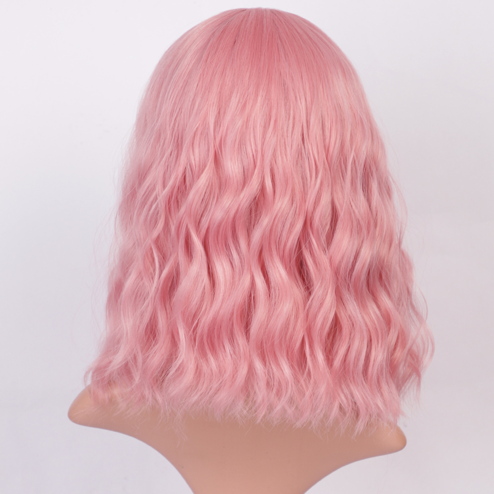 الوردي شعر مستعار قصير مجعد المياه تموج شعر مستعار الألياف الكيماوية display picture 3