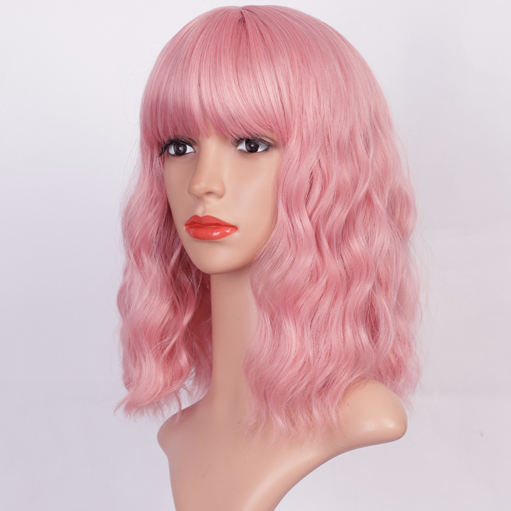 الوردي شعر مستعار قصير مجعد المياه تموج شعر مستعار الألياف الكيماوية display picture 5