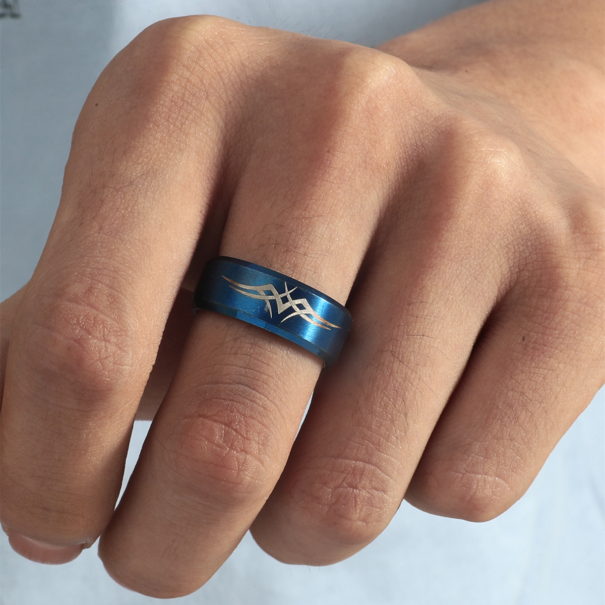 Fashion 8mm Blue Laser Marking Graphic Stainless Steel Ring display picture 1