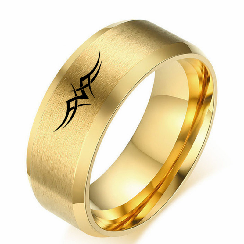 Fashion 8mm Golden Laser Marking Graphic Stainless Steel Ring display picture 2