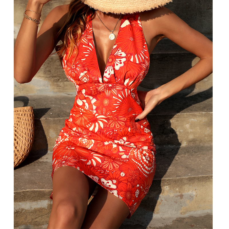 2022 Summer Fashion New Women's V-neck Sexy Beach Dress Print Skirt display picture 5