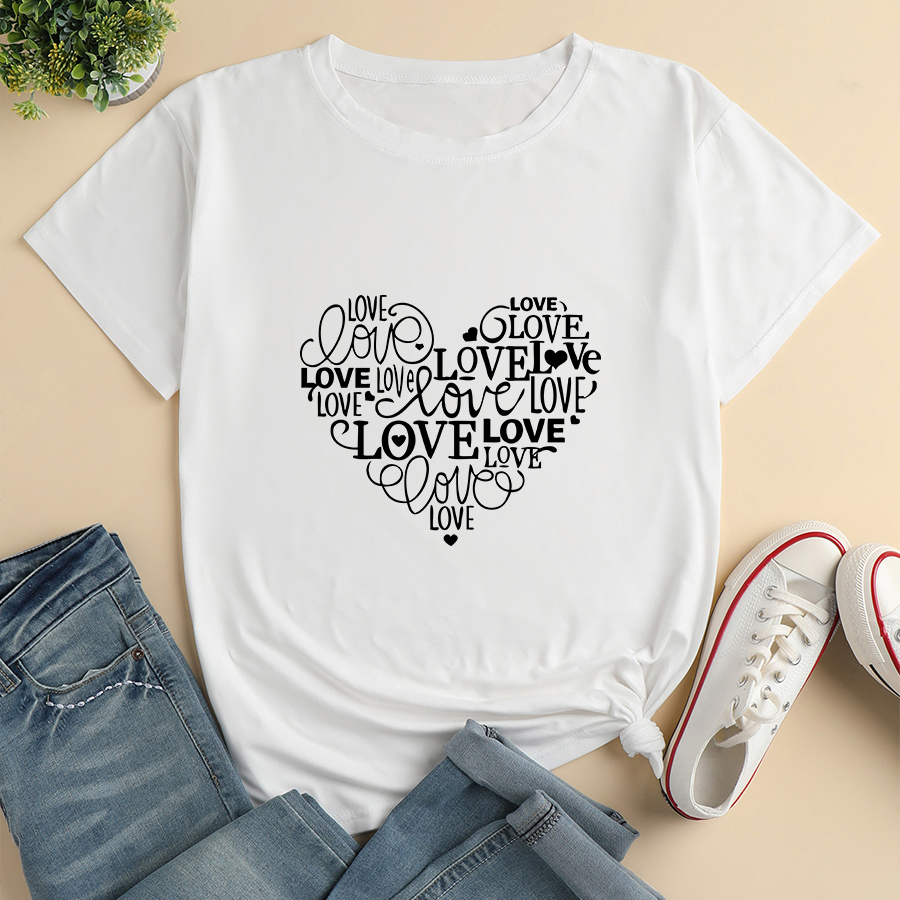 Letter Heart Print Ladies Loose Casual T-shirt display picture 3