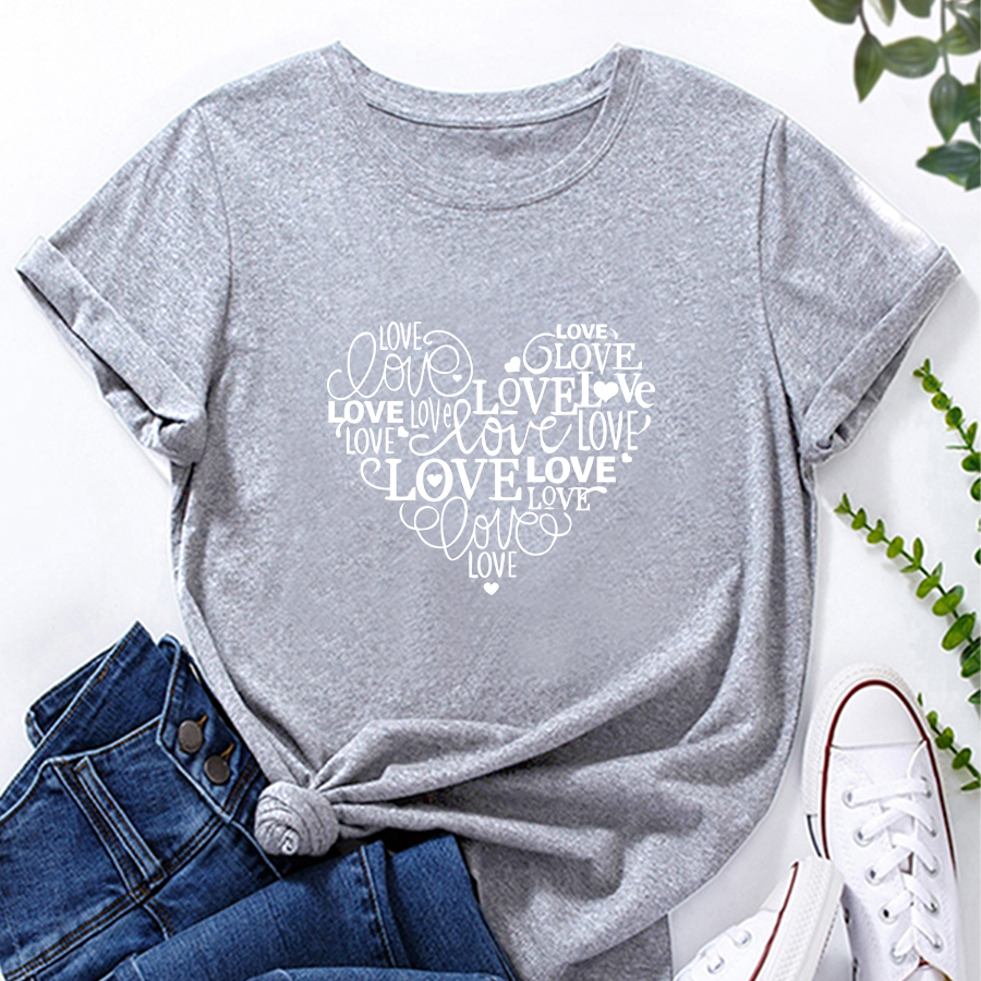 Letter Heart Print Ladies Loose Casual T-shirt display picture 4
