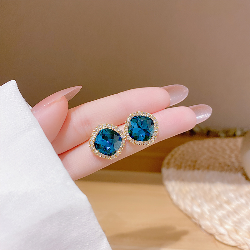Boucles D'oreilles Carrées Géométriques En Cristal Bleu Mode display picture 3