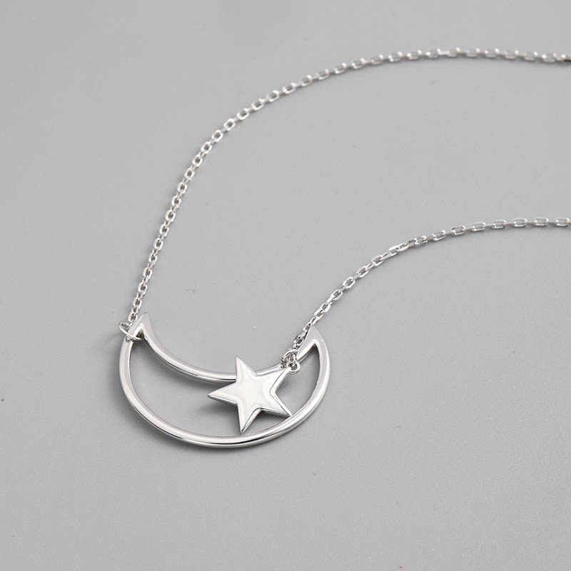 Mode Einfache Mond Stern Anhänger 925 Sterling Silber Halskette display picture 3