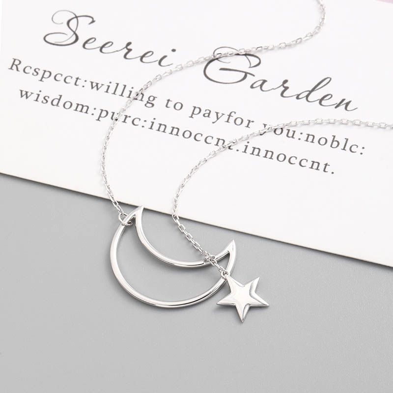 Mode Einfache Mond Stern Anhänger 925 Sterling Silber Halskette display picture 4