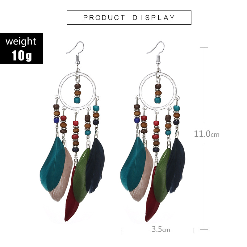 Boho Bead Earrings Vintage Ethnic Tassel Feather Stud Earrings display picture 1