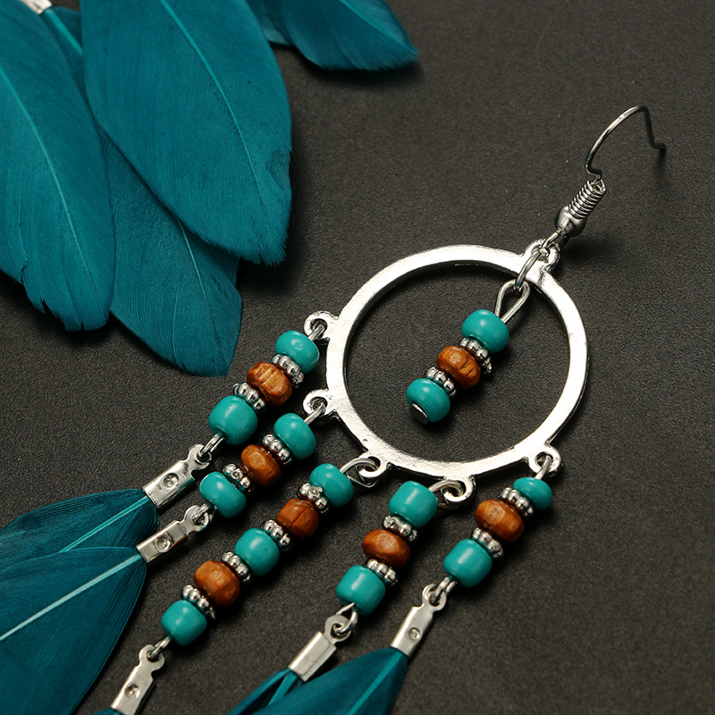 Boho Bead Earrings Vintage Ethnic Tassel Feather Stud Earrings display picture 3